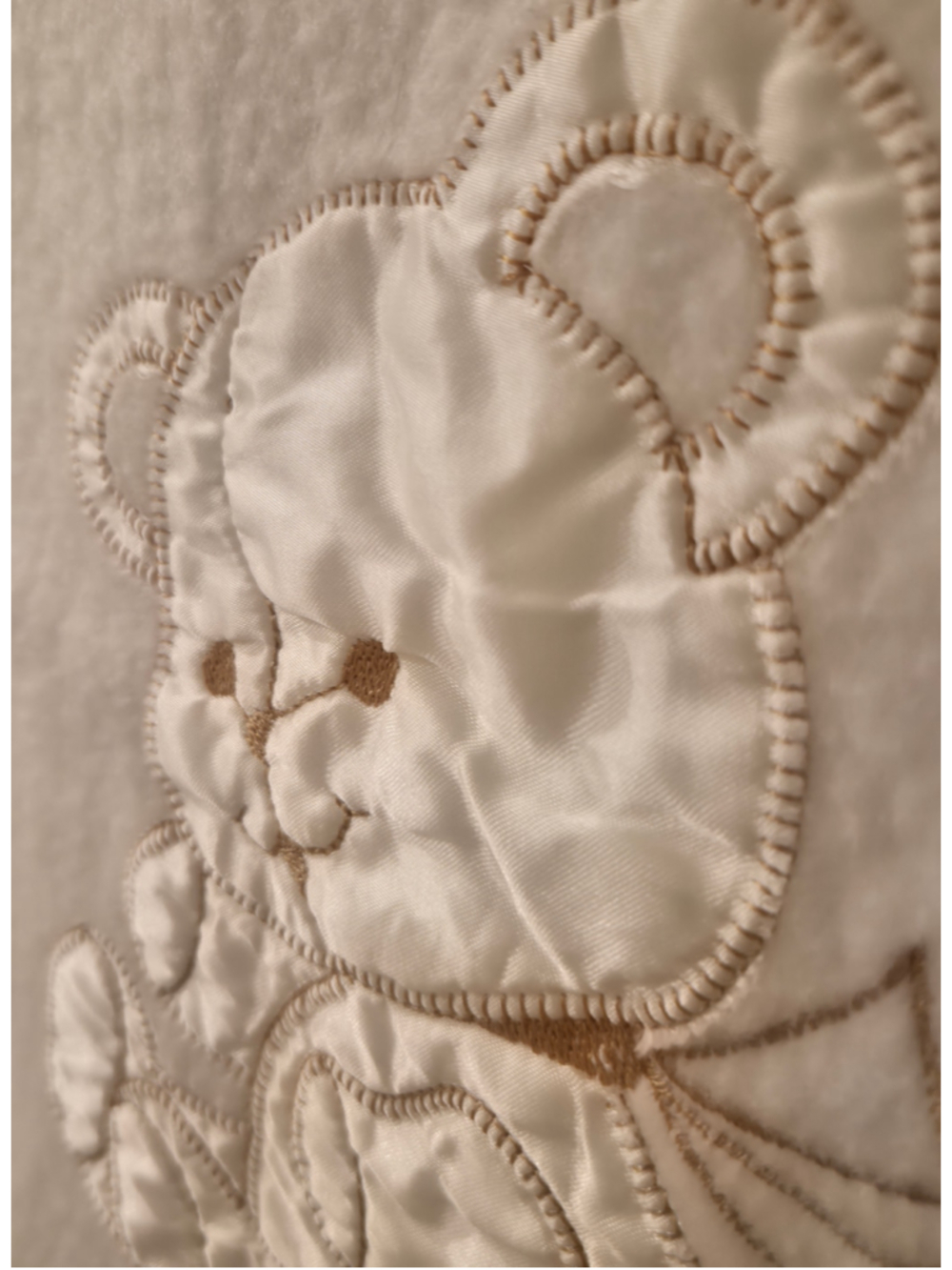 Vintage Quiltex Baby Blanket Teddy Bear Satin Trim Union Made USA Ivory Nursery